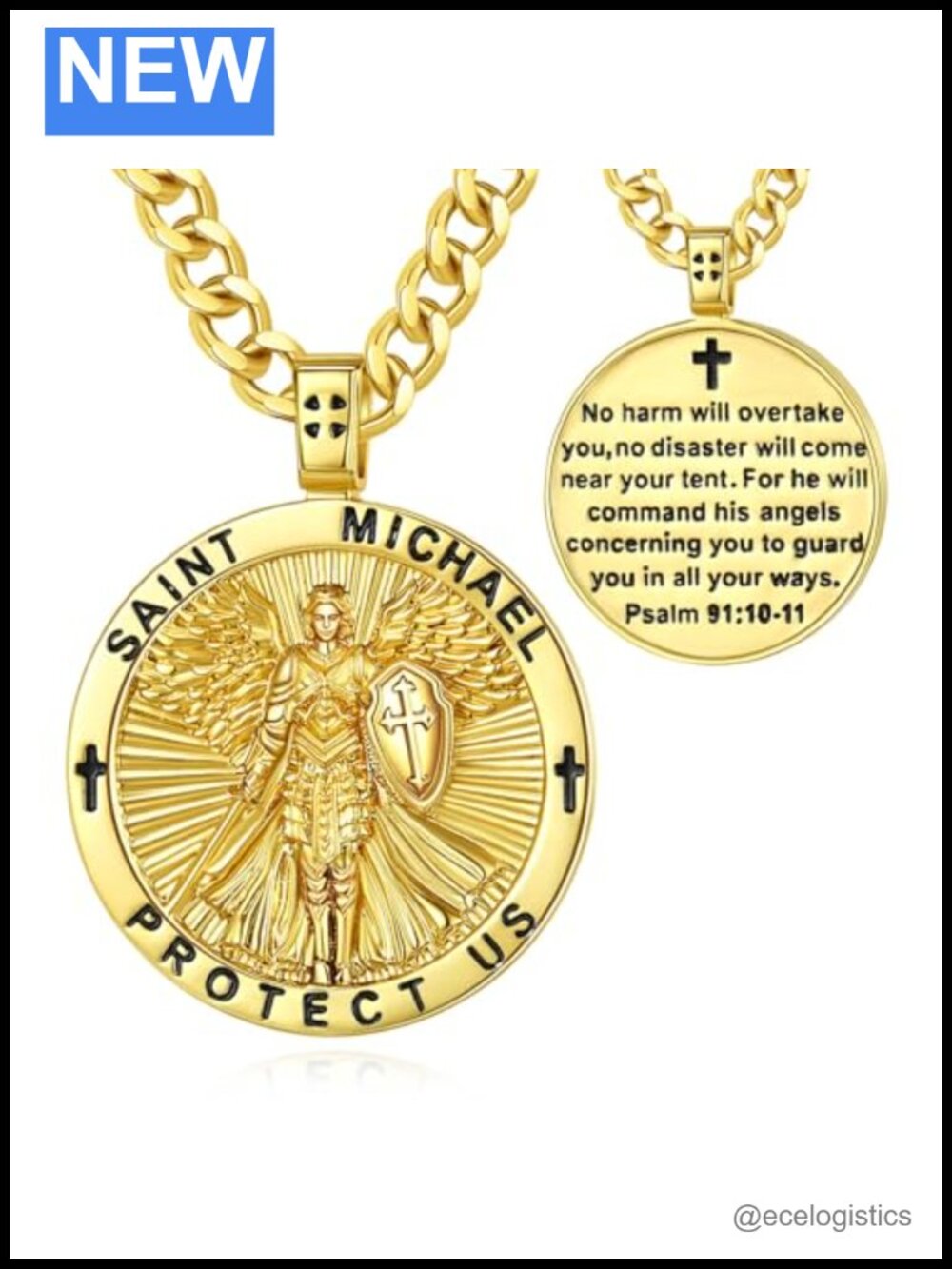 Saint Michael Pendant Necklace Gold Plated Stainless Steel Cuban Chain Catholic